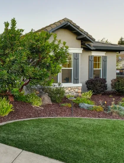 house with a lush green front yard