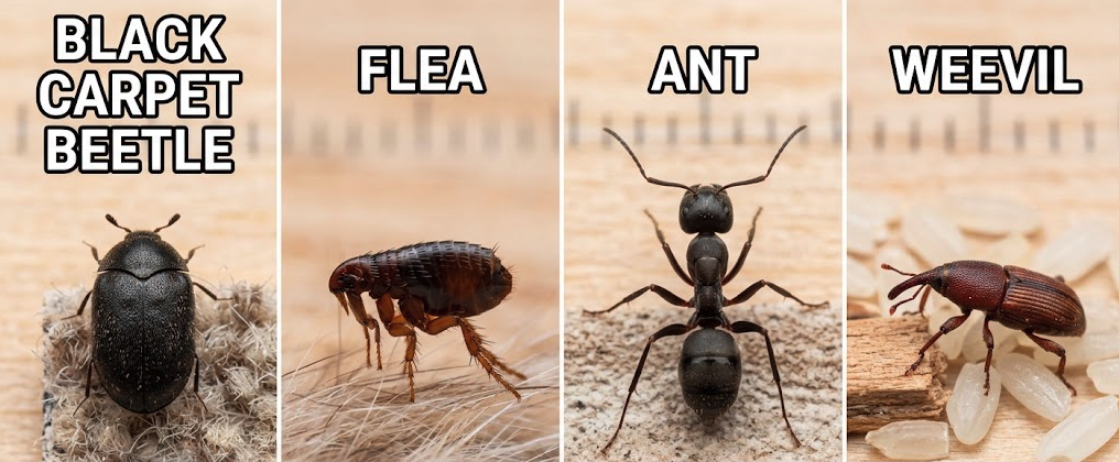 side by side images of a black carpet beetle, flea, ant, and weevil