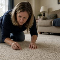 woman crouching on carpet to look at bugs
