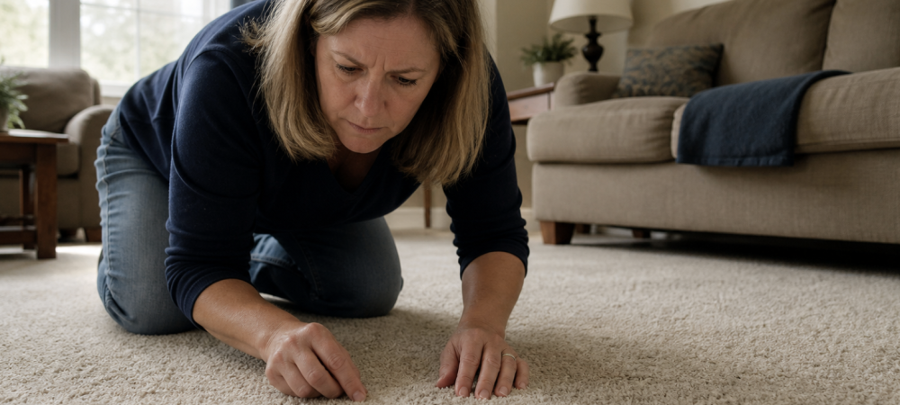 woman crouching on carpet to look at bugs
